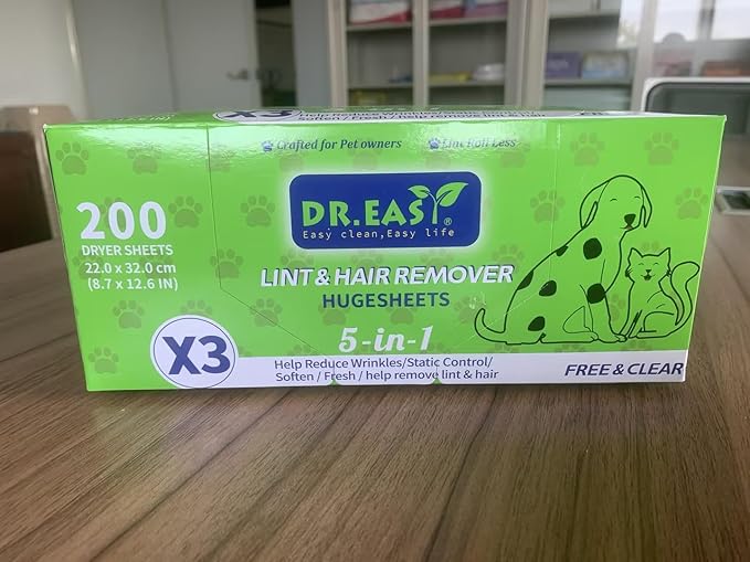 Dr.Easy LINT & HAIR REMOVER Pet HUGESHEETS with 3X Dryer Sheets, Free & Clean, 200 Count,PLANT&MINERAL-BASED FORMULA