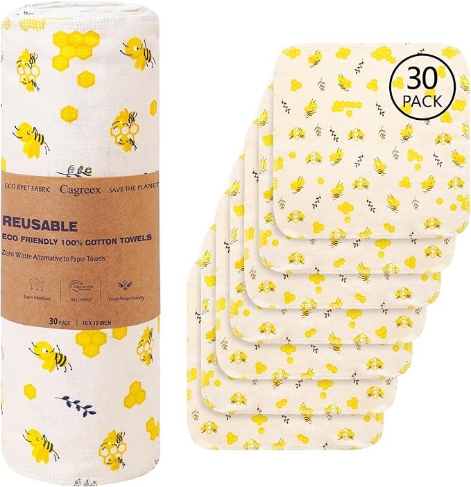 Reusable Dishcloths Kitchen Towels Cotton: 30 Packs 10X10 Washable Roll Paperless Paper Towels Absorbent Dishcloths Set Dish Tea Towel for Kitchen Drying (30Bee, 10×10")