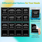 Laundry Pods Container & Dryer Sheet Holder, Laundry Room Organization and Storage Jars with Lids, Labels & Scoops for Powder Detergent Scent Booster, Black Lid
