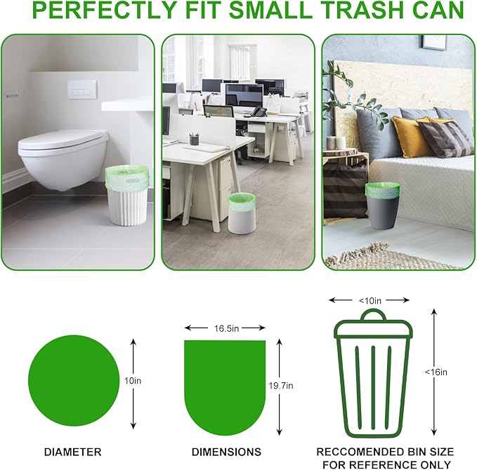 Inwaysin 200 Count 2.6 Gallon Plant Starch Based Bathroom Trash Bags, Strong, Unscented, Expanded, Green, 10L