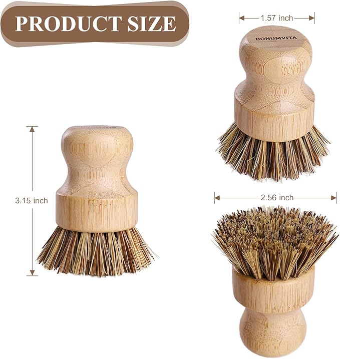 Bamboo Dish Brush Set,4 Pack Kitchen Palm Pot Brush with Union Fiber, Natural Bamboo Dish Scrub Brush for Cleaning Pots,Pans,Sinks,Woks,Vegetables