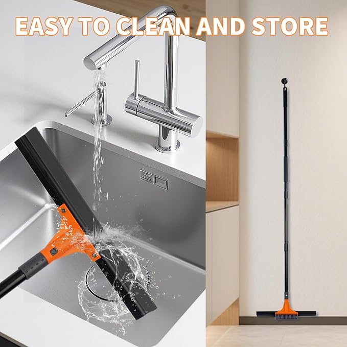 Rubber Floor Squeegee for Concrete Tile Floor, Large Water Squeegee Heavy Duty with Scrub Brush and Long Handle for Cleaning,Squeegee Broom for Window Garage Kitchen Bathroom Deck