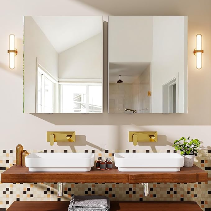 BEAUTYPEAK Bathroom Medicine Cabinet Mirror with Storage, 20 Inch x 24 Inch Silver Medicine Cabinet with Single Door & Adjustable Shelves for Vanity, Tempered, Aluminum Surface, Wall-mount or Recessed