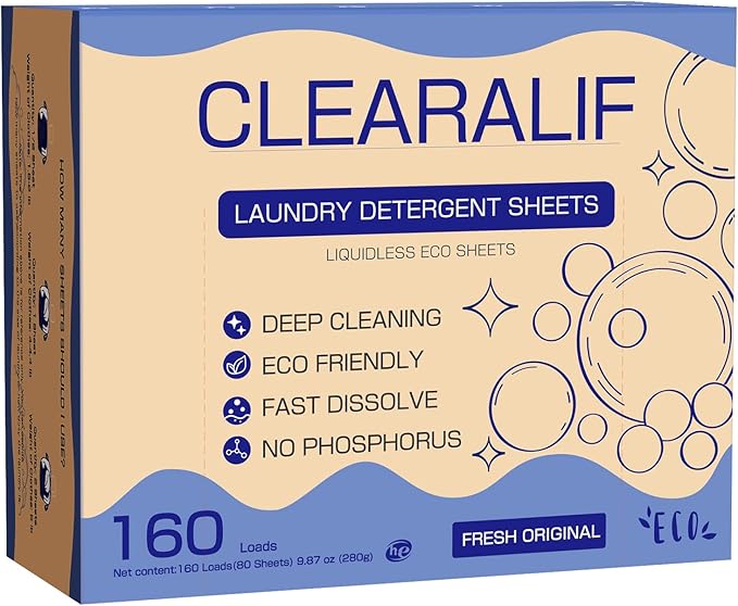 CLEARALIF Laundry Detergent Sheets Up to 160 Loads, Fresh Original - Great For Travel,Apartments, Dorms,Laundry Detergent Strips Eco Friendly & Hypoallergenic