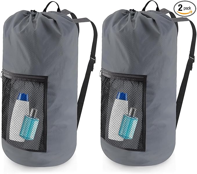 Laundry Bag Backpack, 2PCS Extra Large Travel Laundry Bag with Mesh Pocket & Adjustable Shoulder Straps,Dirty Clothes Travel Bag for College Students Dorm,Apartment(Grey)