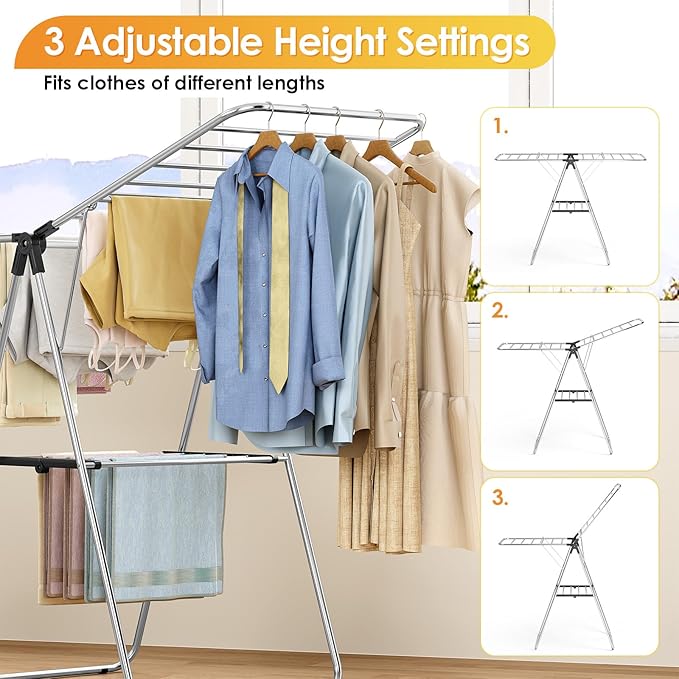 KINGBOARD Clothes Drying Rack, Laundry Drying Rack with Height-Adjustable, Foldable Gullwing for Easy Storage, No Assembly, Indoor Outdoor Use, 56.4" D x 21.6" W x 39.3" H, Black