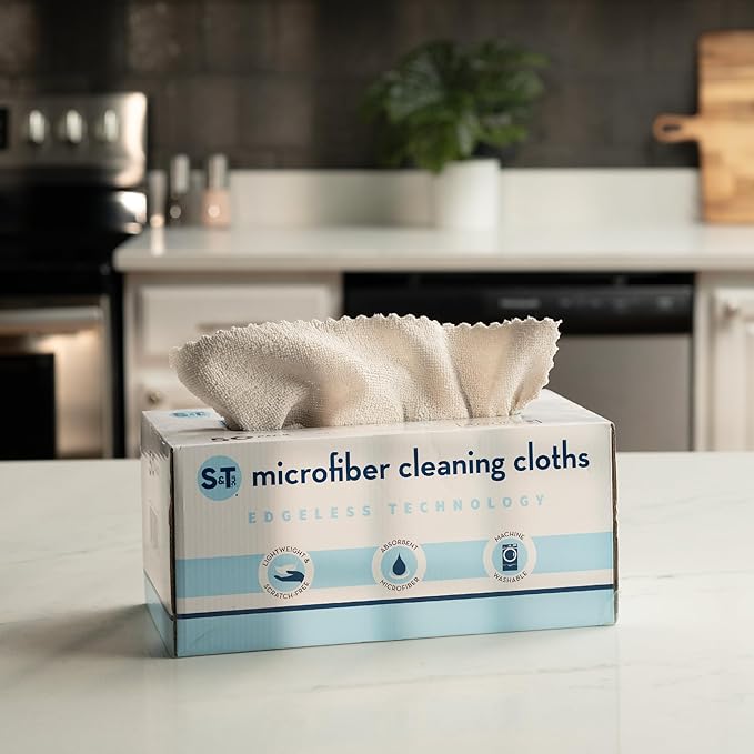 S&T INC. 50 Pack Microfiber Cleaning Cloth with Box, Bulk Towels for Home, Reusable Microfiber Towels for Cars, Cleaning Rags, Beige, 11.8 Inches x 11.8 Inches, 50 Count