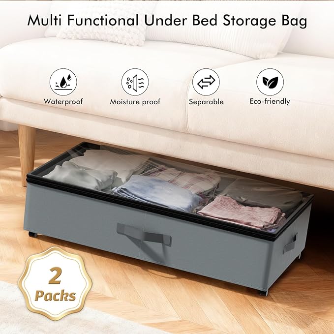 2-Pack Under Bed Storage Containers with Wheels, 75L Each Underbed Storage Organizer with Clear Handles, Collapsible Under Bed Storage Boxes for Clothes, Bedding, Max Load 80 LBS, Gray