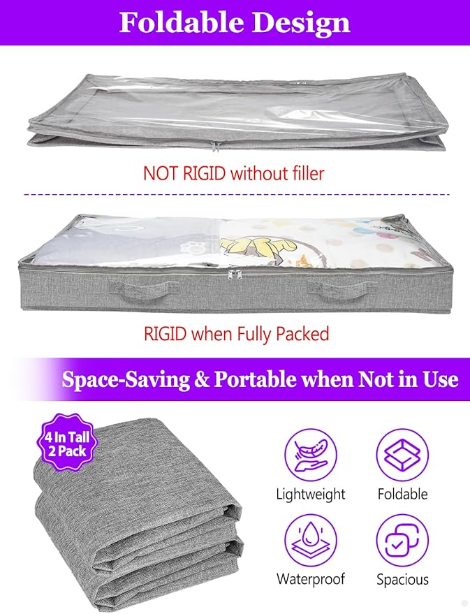 Under Bed Storage, Below 4 Inches High Underbed Storage Containers Low Profile, NO STRUCTURE, Foldable Shallow Storage Bags Bins Organizer Clothes with Clear Lid & Zipper, 2-Pack, 20x40x3.7in