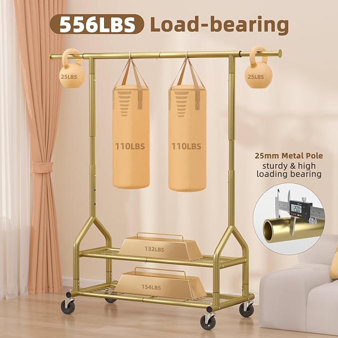 EAGMAK Heavy Duty Clothes Rack Load 556 LBS, Rolling Clothing Rack With Shelves, Height Adjustable Metal Clothes Hanger with Wheels Portable Wardrobe Organizer Garment Rod for Hanging Clothes (Gold)