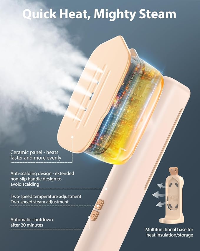Portable Travel Steamer Handheld Garment Steamer with 15s Heat Up, Dual Voltage 100-240V, Lightweight Design, Horizontal & Vertical Steaming, Ideal for Home, Office, and Worldwide Travel