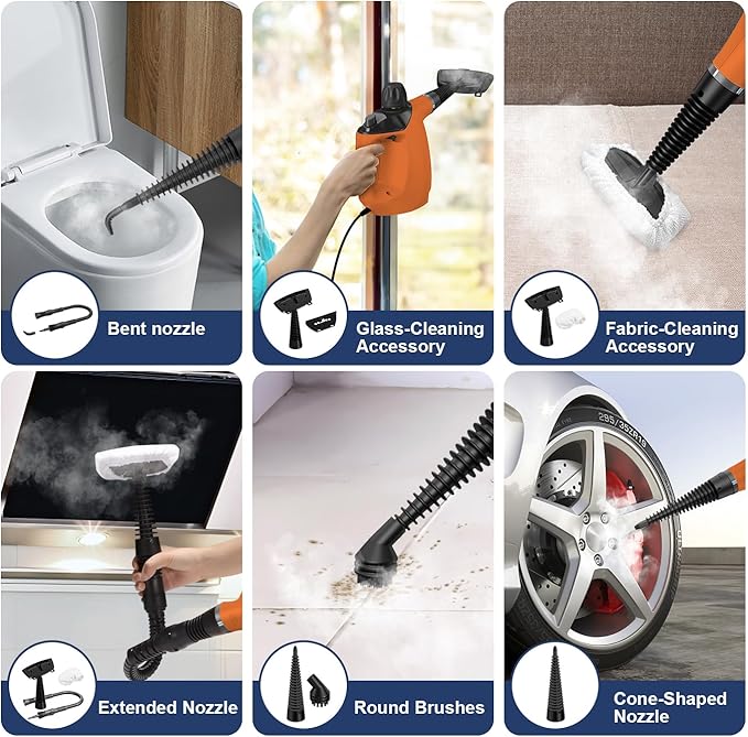Steam Cleaner, Steam Cleaner for Home, Handheld Steam Cleaner with 16 Accessories and Automatic Steam Switch Suitable for Daily Cleaning of Living Rooms, Kitchens, Ovens and Tile Joints (Orange)