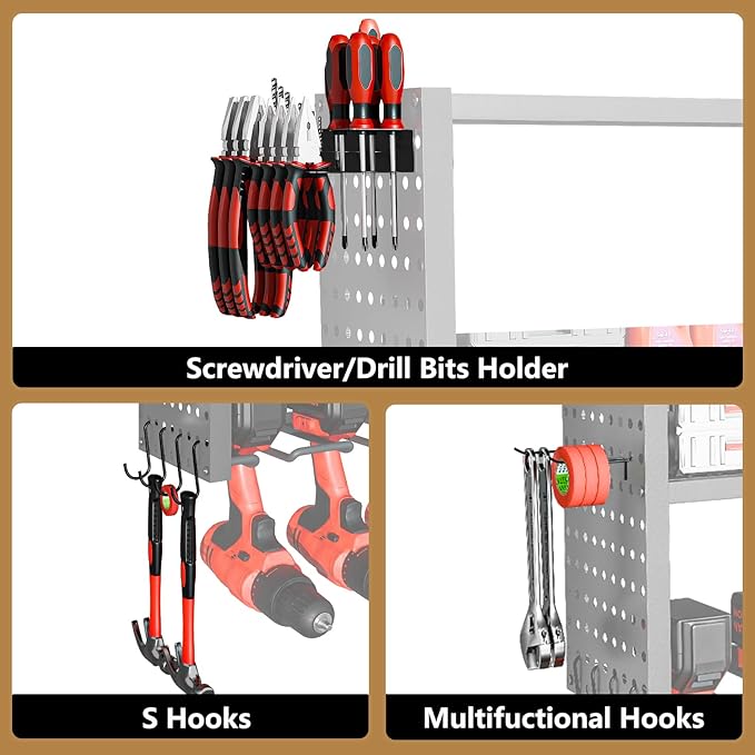 Power Tool Organizer Wall Mount, 3 Layer Heavy Duty Garage organizer Loads 260lbs, Tool Organizers with 8 Drill Hanger, Battery Tools Holder Garage Storage Organization for Workbench, Pegboard, Shed