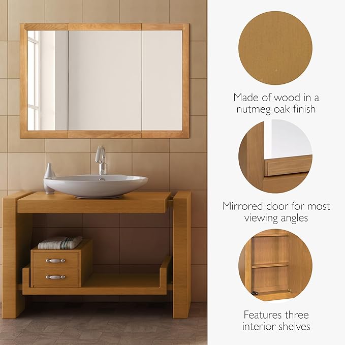 Design House Richland Medicine Cabinet, Fully Assembled, Wall Mounted, 3 Mirrored Doors, Wood Frame, Oak Finish, 48 in x 4.75 in x 30 in, 530584-NOK