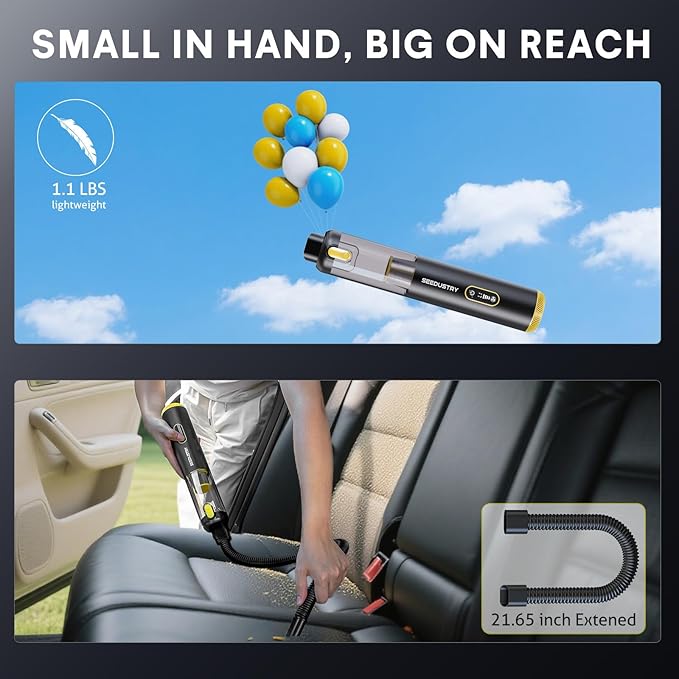 SEEDUSTRY Handheld Car Vacuum Cleaner Cordless, 6-in-1 Portable Mini Cordless Vacuum with Brushless Motor & 18000Pa Powerful Suction, Type-C Charge, 2025 Mini Vacuum V-C08 Pro for Car Home Office Pet