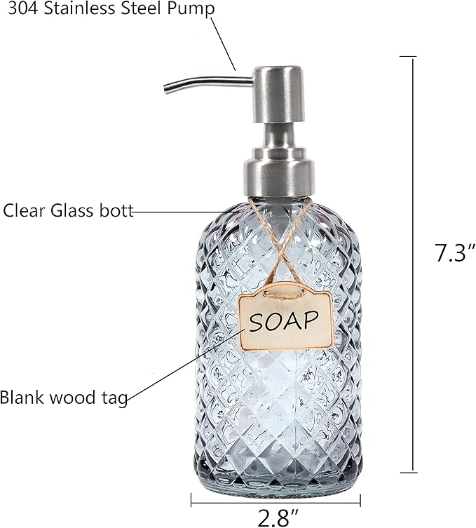 Bathroom & Kitchen Glass Hand and Dish Soap Dispenser with 304 Rustproof Stainless Steel Pump (Grey-2pack)