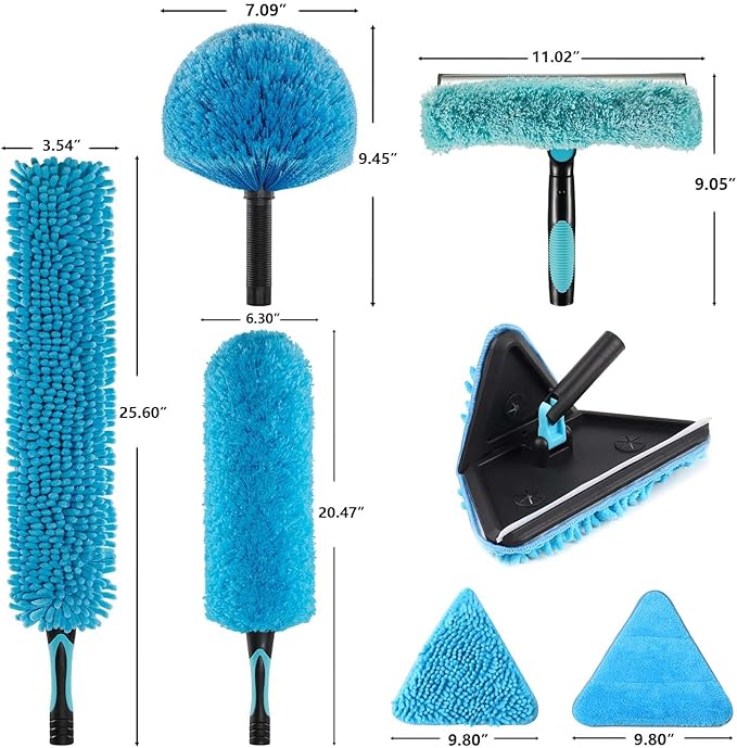 90° Foldable Baseboard Wall Cleaner Mop, Cobweb Duster, Window Cleaning Squeegee Dusting Kit for Extension Pole(Pole Not Included) (1)