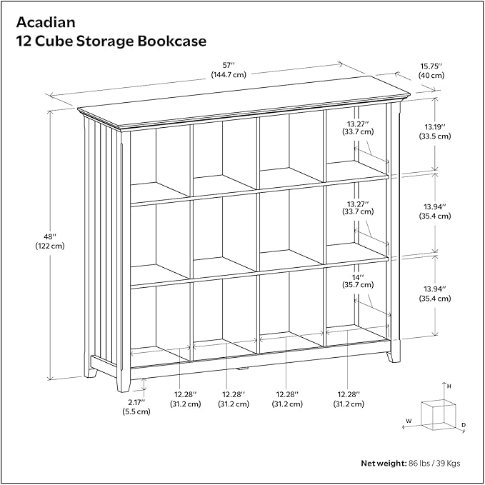 SIMPLIHOME Acadian Bookcase - 57 inch Tall 12-Cube Solid Wood Storage Display Unit in Brunette Brown, Transitional Cube Organizer for Living Room or Office with Fixed Shelves and Tapered Legs