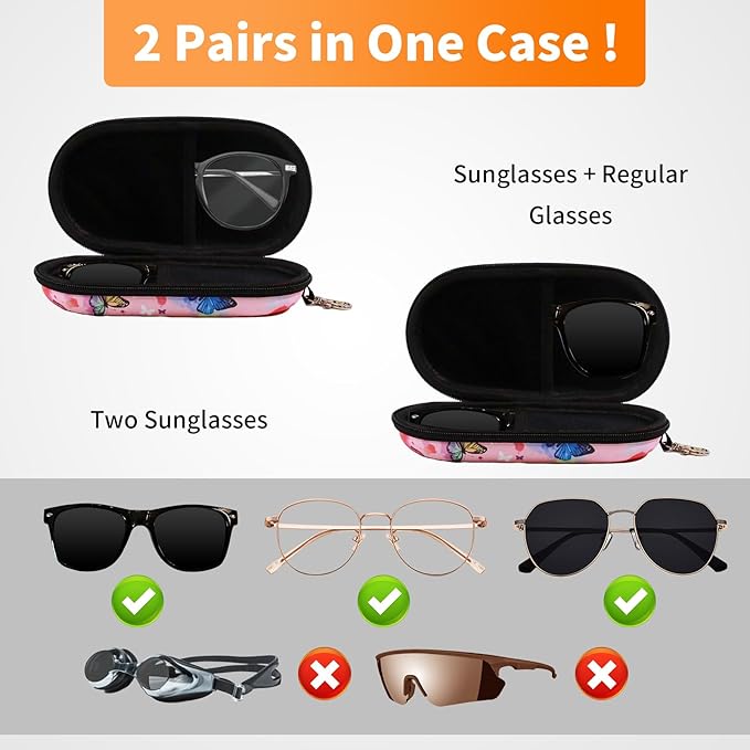Double Eyeglasses Case, Hard Shell Dual Sunglasses Organizer with Zipper Clip Travel Glasses Storage for Women Men