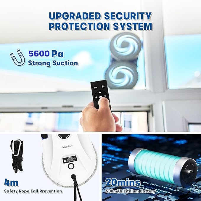 Window Cleaning Robot, Window Cleaner Robot Auto Spray, Automatic Cleaning with Intelligent Path Planning, 5600Pa Suction Power, Edge Detection Technology, Remote Control