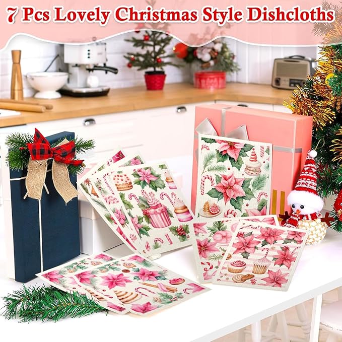 6 Pack Swedish Dishcloths for Kitchen |Watercolor Dish Towels | Reusable Paper Towels Washable | Non-Scratch Cellulose Sponge Cloths | No Odor, Biodegradable, Swedish Cloths, Pink Flower
