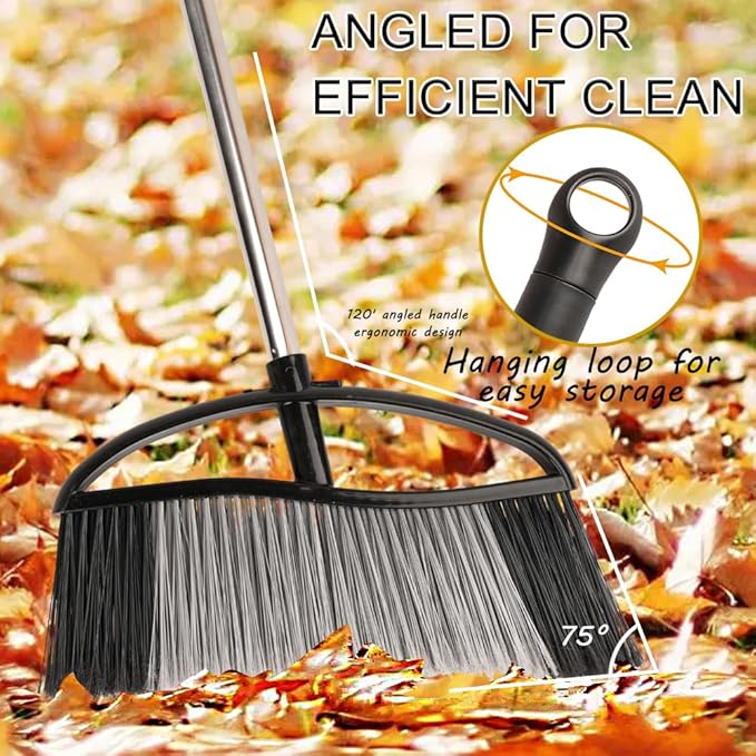 Heavy Duty Outdoor Broom - 15.7'' Wide, Long Handle, Angle Broom with Stiff Bristles for Patio, Garden, Garage, Yard (Black)