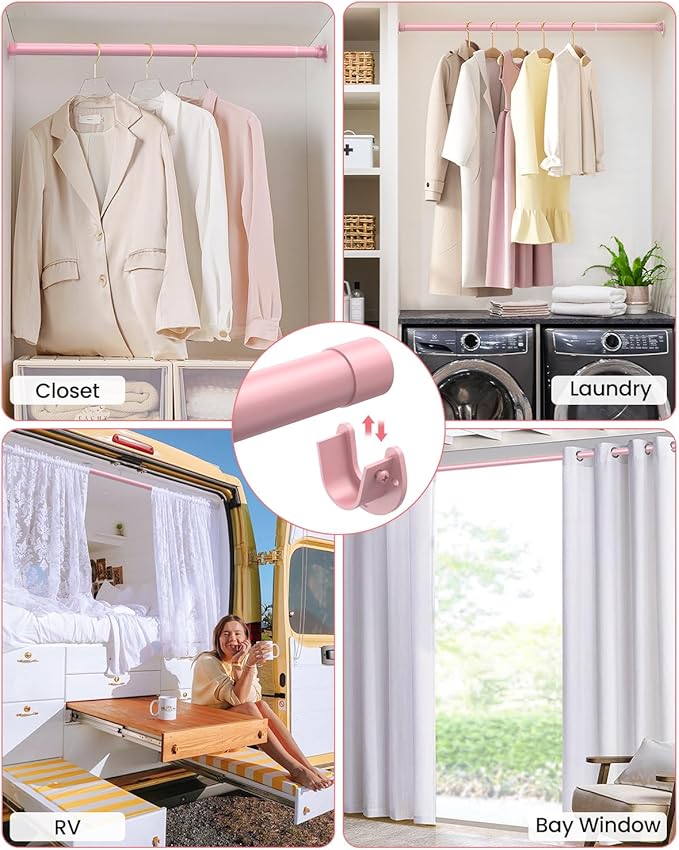 Supforce Closet Rods for Hanging Clothes, 17 to 54 Inches Stepless Adjustable Metal Closet Rod, 1.3 Inches Heavy Duty Clothes Hanging Rod for Closet Wardrobes Laundry RV, Pink