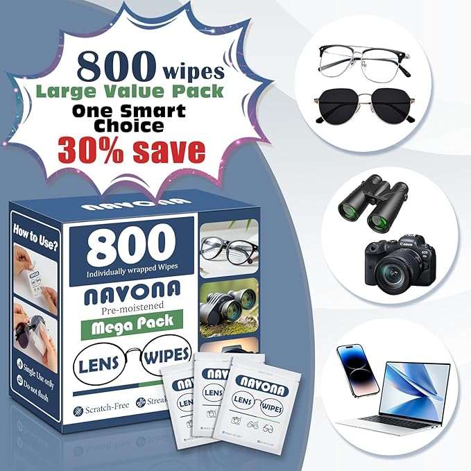 800 Count Lens Wipes for Eyeglasses – Pre-Moistened, Individually Wrapped Eyeglass Cleaning Wipes – Scratch-Free, Streak-Free Glasses Cleaner Wipes for Sunglasses & Camera Lens – Bulk Pack