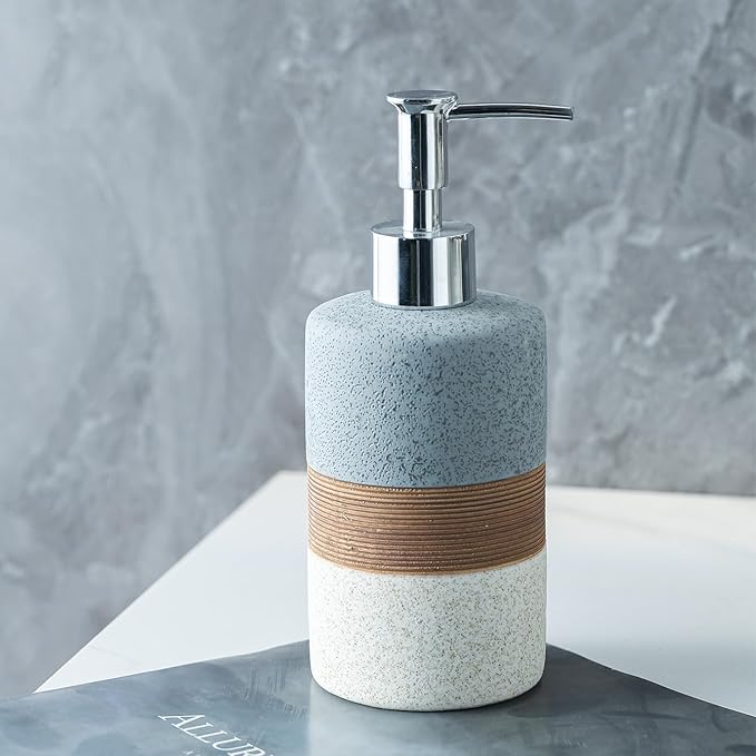 Ceramic Soap Dispenser Set for Hand Soap, Shampoo, Dish Soap, Conditioner, Bathroom & Kitchen, Stainless Steel Pump, Includes Silicone Funnel, 12 Oz, Non-Slip, Elegant Kitchen Decor, Gray