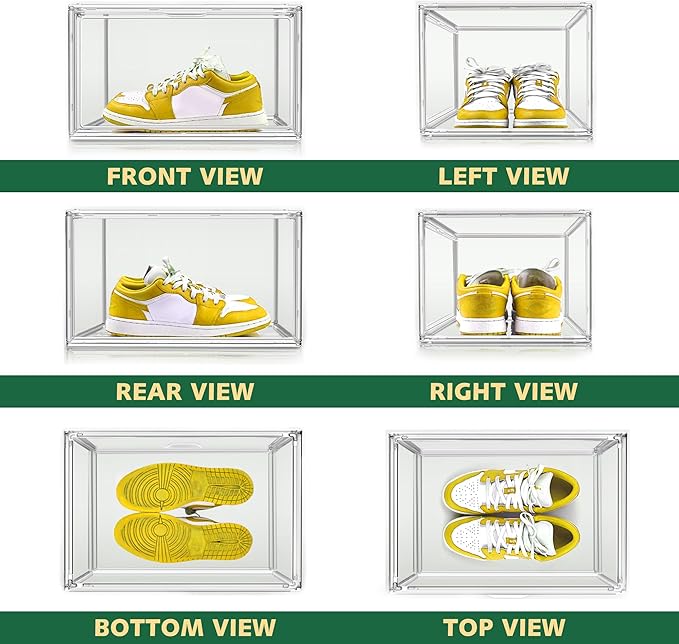 4 Pack X-Large Shoe Boxes Clear Plastic Stackable Storage Box Size 14 Thicken Sneaker Shoes Containers with Magnetic Door Acrylic Display Case Organizer for Closet