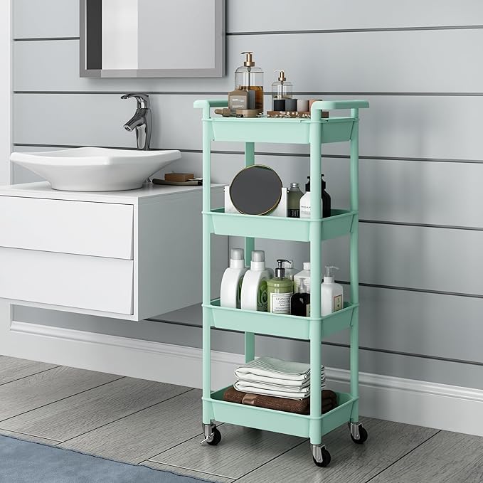 Utility cart with Tabletop 4 Tier Rolling Cart Organizer with Wheels Movable Storage Cart for Office, Living Room, Kitchen, Craft Room, Green