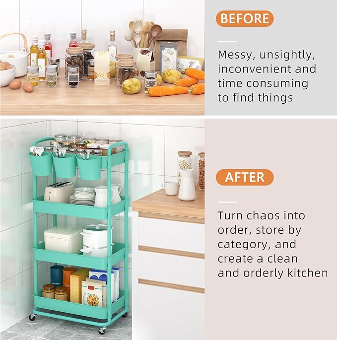 JIUYOTREE 4-Tier Plastic Rolling Storage Cart Utility Cart with Extra Hanging Cups Handles Lockable Wheels for Living Room Bathroom Kitchen Office Green