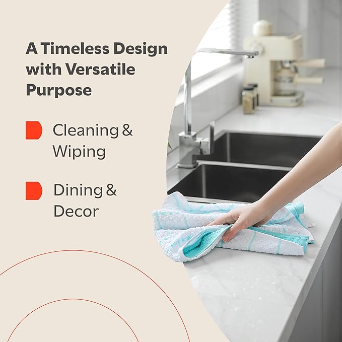 Zeppoli Classic Kitchen Towels - 12 Pack 100% Natural Cotton Towel Set, Reusable Wash Cloths, Absorbent Dish Towels, Machine Washable Hand Towels, Kitchen Essentials - 15” by 25” - Aqua