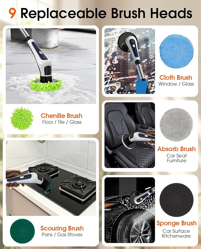 Electric Spin Scrubber, Rocfinity IPX7 Waterproof Cordless Cleaning Brush, 9 Brushs Heads Shower Scrubber - Extendable Long Handle Electric Cleaner Brush for Window,Floor,Car,Bathtub,Kitchen