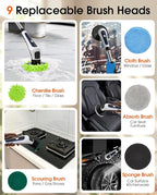 Electric Spin Scrubber, Rocfinity IPX7 Waterproof Cordless Cleaning Brush, 9 Brushs Heads Shower Scrubber - Extendable Long Handle Electric Cleaner Brush for Window,Floor,Car,Bathtub,Kitchen
