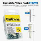 #8 Self Drilling Drywall Plastic Anchors with Screws - No Pre Drill Hole Preparation Required - 75 Lbs