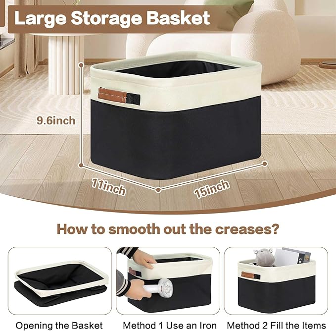 GhvyenntteS Large Fabric Storage Bins for Shelves with Metal Frame Opening & Hard Bottom Board, Collapsible Storage Baskets for Shelves 3 Pack, 15x11 Inch Baskets for Organizing Clothes Toys (Black)