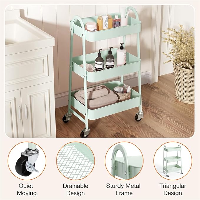 3-Tier Metal Rolling Utility Cart, Small Rolling Cart Kitchen Trolley Bathroom Laundry Room Bar Office Shelves Storage Organizer Shelving Unit with Caster Wheels for Narrow Places, Green