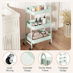 3-Tier Metal Rolling Utility Cart, Small Rolling Cart Kitchen Trolley Bathroom Laundry Room Bar Office Shelves Storage Organizer Shelving Unit with Caster Wheels for Narrow Places, Green