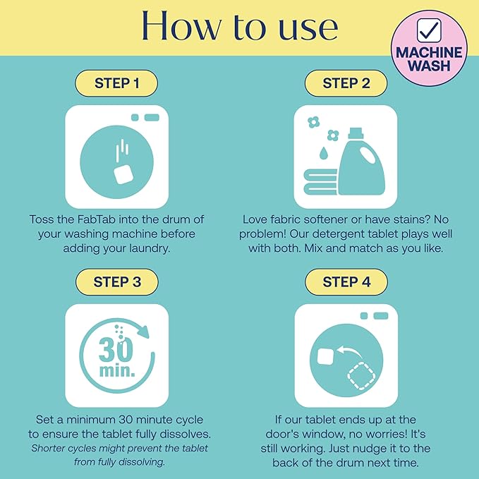 Fab Tab Laundry Detergent Tablets, Plant-Based Formula, Removes Tough Stains, Plastic-Free Alternative to Pods, All Washing Machines (30 Count, Floral)