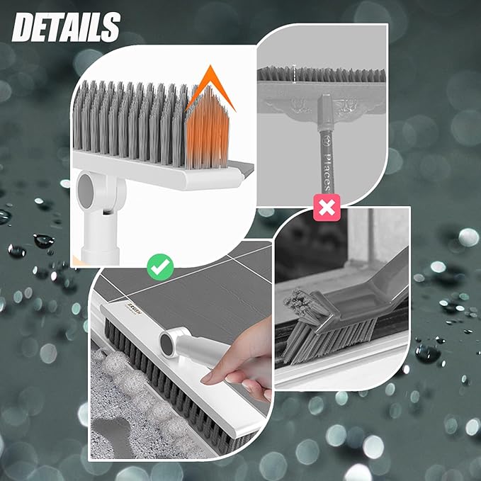 Floor Scrubbing Brush with 57" Adjustable Long Handle,3 in 1 Living Grout Brush with Squeegee,V-Shape Stiff Brush Bristle,Heavy Duty Bathroom Cleaning Brush for Tile,Deck,Patio,Wall,Garage,Kitchen,Blu