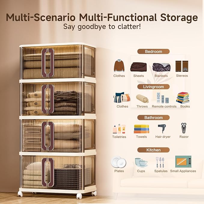 217Qt Plastic Storage Bins with Lid, Stackable Storage Bins with Wheels & Sliding Door, Collapsible Storage Box for Closet Organizers and Storage Box for Home and Office, Coffee, 4 Pack