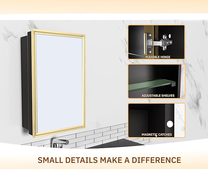 Bathroom Medicine Cabinet with Mirror, Recess or Surface Mount, Single Door Cabinet Famerhouse Bathroom Mirror with Storage Cabinet (Brush Gold, 16"x26")
