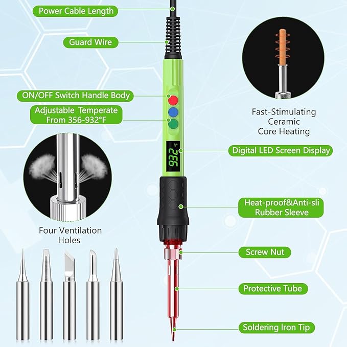 Soldering Iron Kit, 120W LED Digital Advanced Solder Iron Soldering Gun kit, 110V Welding Tools, Smart Temperature Control [356℉-932℉], Extra 5pcs Tips, Auto Sleep, Temp Calibration, Green