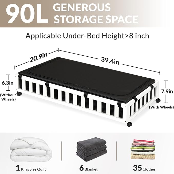 2 Pack Bamboo Under Bed Storage with Wheels, 39”x20”x7.8” Lager Under Bed Storage Containers (White)