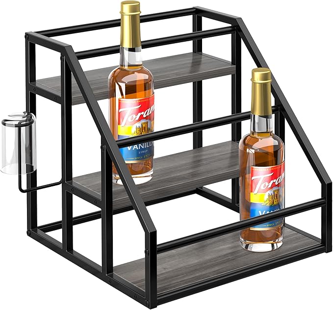 Coffee Syrup Rack Organizer, Spice Racks, Syrup Bottle Holder Stand for Coffee Bar, 3-Tier 12 Bottles Storage Shelves for Syrup, Wine, Dressing for Kitchen Countertop, Grey