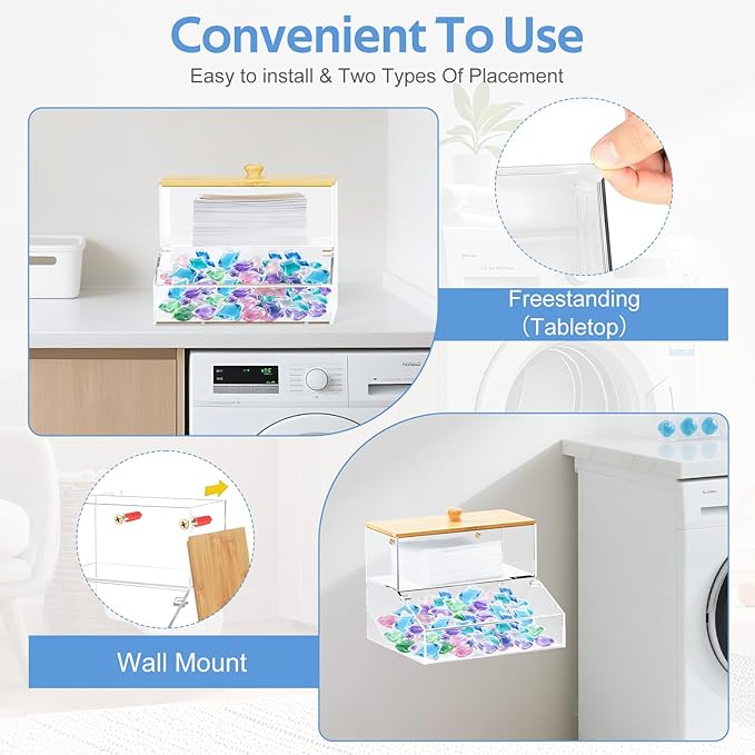 JYPS Laundry Pods Container&Dryer Sheet Holder 2in1.Transparent Acrylic Double-Layer Storage Box With Bamboo Lid. The Large Capacity Design Makes It Easy To Store And Organize Your Belongings Neatly
