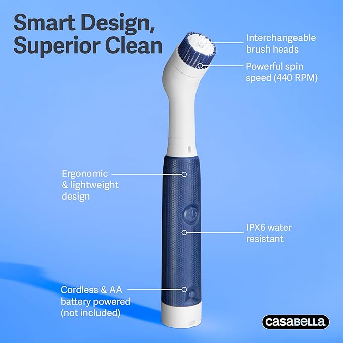 Casabella Power Scrubber Handheld Electric Spin Detail Scrubber for Cordless Cleaning Ergonomic Construction IPX 6 Water Resistance 440RPM Includes 3 Cleaning Heads, 10.4-Inch, White