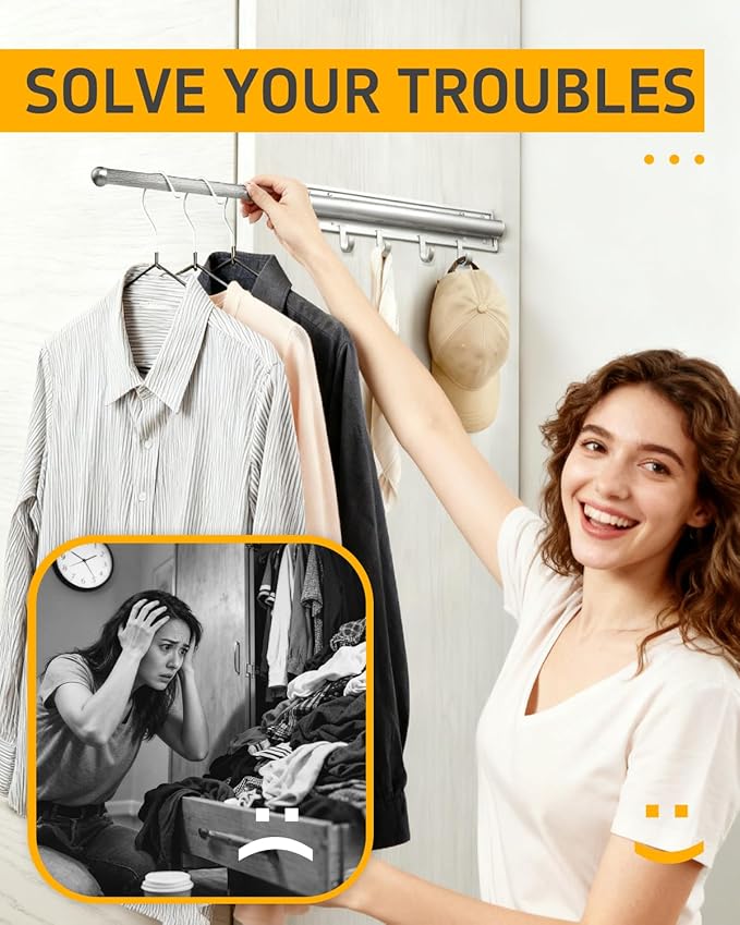 12 in Valet Rod for Closet Pull Out – Closet Valet Rod Slide Out, Heavy Duty with 4 Hooks, for Hanging Clothes/Hats/Belts & Closet/Laundry Room Organization – Black