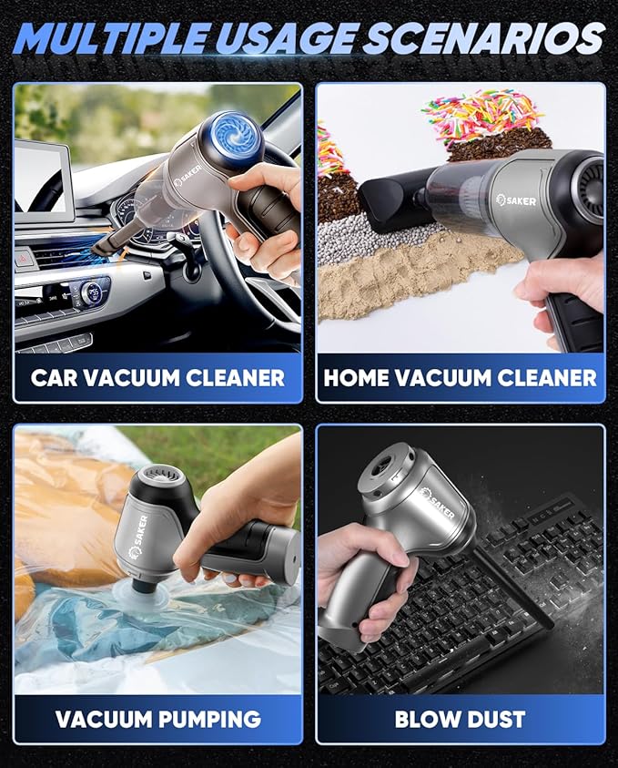 Saker Car Vacuum Portable Cordless 3 in 1 Handheld Car Vacuum 15000PA High Power with Brushless Motor and TypeC for Cars,Office,Home Cleaning HL107B